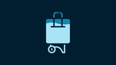 White Suitcase for travel icon isolated on blue background. Traveling baggage sign. Travel luggage icon. 4K Video motion graphic animation.