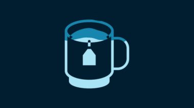 White Cup of tea with tea bag icon isolated on blue background. 4K Video motion graphic animation.