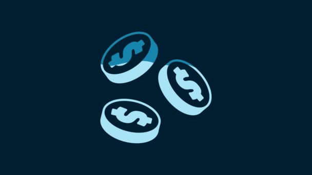 青い背景に隔離されたドル記号のアイコンを持つホワイトコインのお金 銀行の通貨記号 現金記号 4Kビデオモーショングラフィックアニメーション — ストック動画