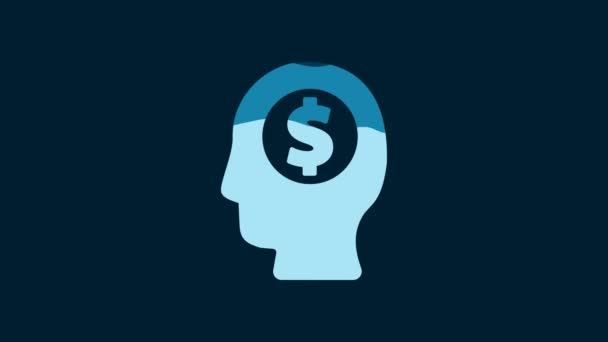 ホワイトビジネスマン計画マインドアイコンは青の背景に隔離されています 人間の頭はドルで お金を稼ぐアイデア 設備投資は増加している 4Kビデオモーショングラフィックアニメーション — ストック動画