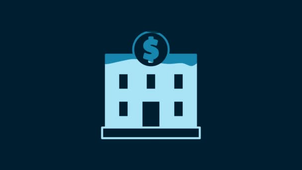 白色的银行建筑图标孤立在蓝色的背景上 4K视频运动图形动画 — 图库视频影像