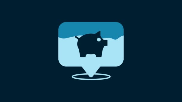 白色小猪银行图标孤立在蓝色背景 包括储蓄或积累资金 4K视频运动图形动画 — 图库视频影像