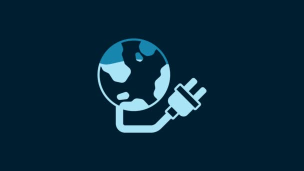 青い背景にプラグアイコンが隔離されたホワイトグローバルエネルギーパワー惑星 生態系の概念と環境 4Kビデオモーショングラフィックアニメーション — ストック動画