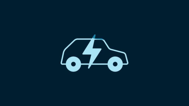 Белый Электромобиль Иконка Зарядки Электрического Кабеля Изолированы Синем Фоне Возобновляемые — стоковое видео