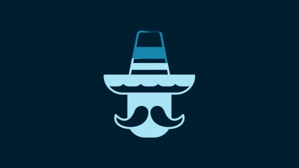 Vit Mexikansk Man Bär Sombrero Ikon Isolerad Blå Bakgrund Latinamerikan — Stockvideo