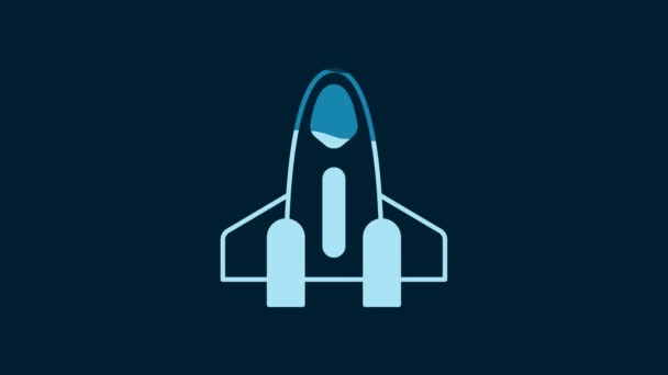 青色の背景に隔離された白いロケット船のアイコン 宇宙旅行 4Kビデオモーショングラフィックアニメーション — ストック動画