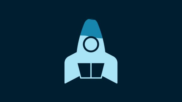 青色の背景に隔離された白いロケット船のアイコン 宇宙旅行 4Kビデオモーショングラフィックアニメーション — ストック動画