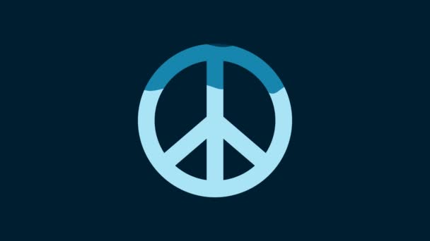 白色和平图标被蓝色背景隔离 嬉皮是和平的象征4K视频运动图形动画 — 图库视频影像
