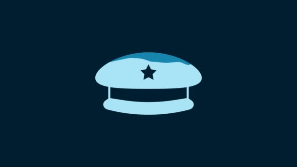 ホワイトミリタリーベレー帽のアイコンは青の背景に隔離されています 兵士キャップ 陸軍の帽子だ 戦争は終わりだ 4Kビデオモーショングラフィックアニメーション — ストック動画