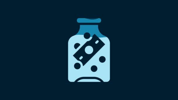 白色玻璃瓶的硬币图标孤立在蓝色背景 包括储蓄或积累资金 4K视频运动图形动画 — 图库视频影像