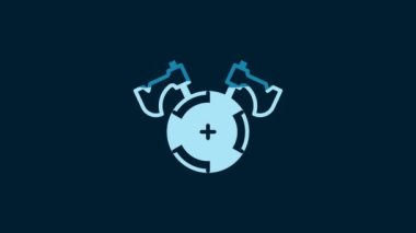 White Medieval shield with crossed axes icon isolated on blue background. Battle axe, executioner axe. 4K Video motion graphic animation.