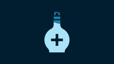 White Bottle with potion icon isolated on blue background. Flask with magic potion. Happy Halloween party. 4K Video motion graphic animation.