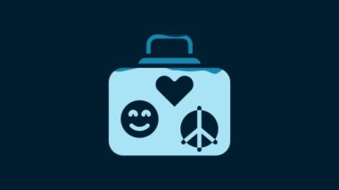 White Suitcase for travel icon isolated on blue background. Traveling baggage sign. Retro hippie style. Travel luggage icon. 4K Video motion graphic animation.