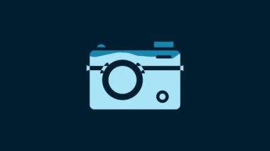 White Photo camera icon isolated on blue background. Foto camera. Digital photography. 4K Video motion graphic animation.