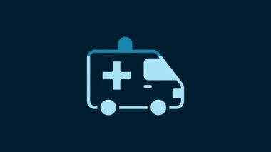 White Ambulance and emergency car icon isolated on blue background. Ambulance vehicle medical evacuation. 4K Video motion graphic animation.