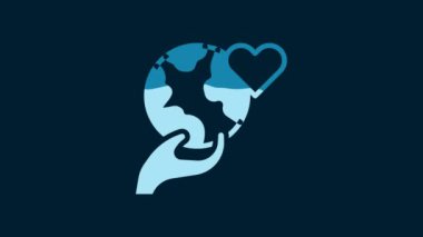 White Human hand holding Earth globe icon isolated on blue background. Save earth concept. 4K Video motion graphic animation.