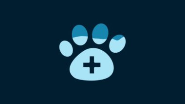 White Veterinary clinic symbol icon isolated on blue background. Cross hospital sign. A stylized paw print dog or cat. Pet First Aid sign. 4K Video motion graphic animation.