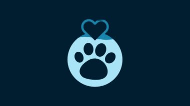 White Heart with animals footprint icon isolated on blue background. Pet paw in heart. Love to the animals. 4K Video motion graphic animation.