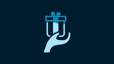 White Give gift icon isolated on blue background. Gift in hand. The concept of giving and receiving a gift. 4K Video motion graphic animation.