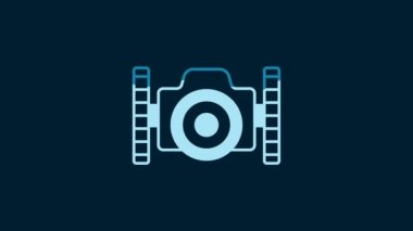 White Photo camera for diver icon isolated on blue background. Foto camera icon. Diving underwater equipment. 4K Video motion graphic animation.