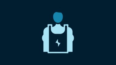 White Bodybuilder showing his muscles icon isolated on blue background. Fit fitness strength health hobby concept. 4K Video motion graphic animation.
