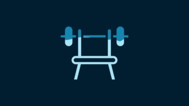 White Bench with barbell icon isolated on blue background. Gym equipment. Bodybuilding, powerlifting, fitness concept. 4K Video motion graphic animation.