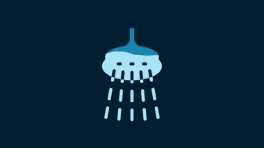 White Shower head with water drops flowing icon isolated on blue background. 4K Video motion graphic animation.