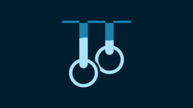White Gymnastic rings icon isolated on blue background. Playground equipment with hanging rope with rings. 4K Video motion graphic animation.