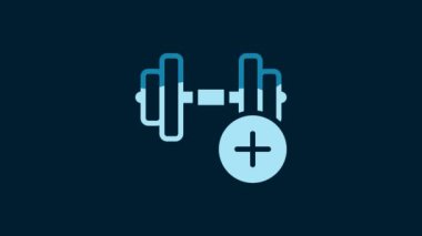 White Dumbbell icon isolated on blue background. Muscle lifting, fitness barbell, sports equipment. 4K Video motion graphic animation.