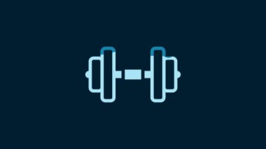 White Dumbbell icon isolated on blue background. Muscle lifting, fitness barbell, sports equipment. 4K Video motion graphic animation.