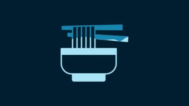 White Ramen soup bowl with noodles icon isolated on blue background. Bowl of traditional asian noodle soup. 4K Video motion graphic animation.