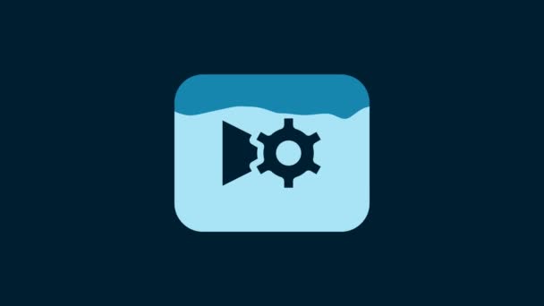白い音楽やビデオの設定ボタンのアイコンは 青の背景に隔離されました 4Kビデオモーショングラフィックアニメーション — ストック動画