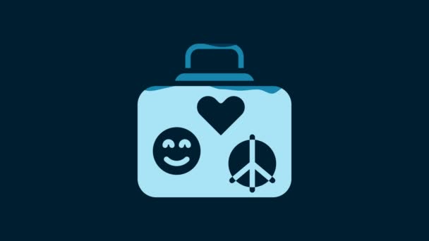 蓝色背景下隔离的旅行图标白色外壳 旅行的行李标志 复古嬉皮风格 旅行行李图标 4K视频运动图形动画 — 图库视频影像