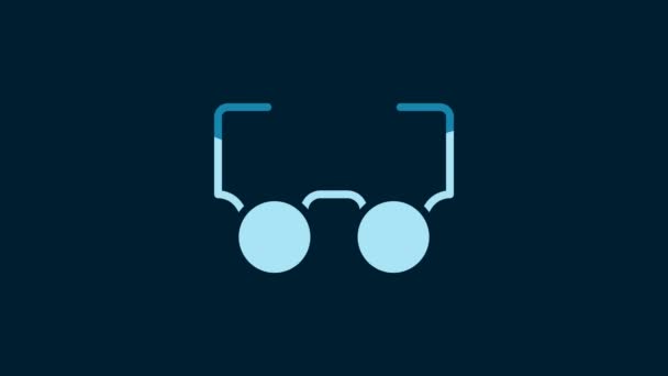 青の背景に白いメガネのアイコンが隔離されている メガネフレームのシンボル 4Kビデオモーショングラフィックアニメーション — ストック動画