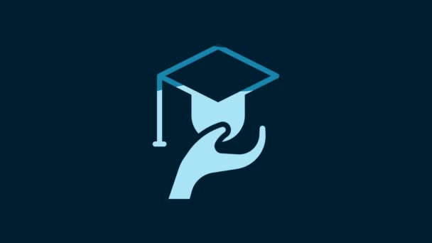 ホワイト エデュケーションの助成金アイコンは青の背景にある 授業料 金融教育 予算基金 奨学金プログラム 卒業帽子 4Kビデオモーショングラフィックアニメーション — ストック動画