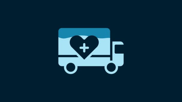Vit Humanitär Lastbil Ikon Isolerad Blå Bakgrund Video Motion Grafisk — Stockvideo