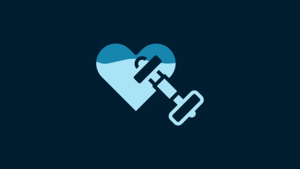 Λευκό Dumbbell Εικονίδιο Καρδιά Απομονώνονται Μπλε Φόντο Μυϊκή Ανύψωση Γυμναστήριο — Αρχείο Βίντεο