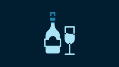 White Champagne bottle with glass icon isolated on blue background. 4K Video motion graphic animation.