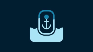 White Map pointer with anchor icon isolated on blue background. 4K Video motion graphic animation.