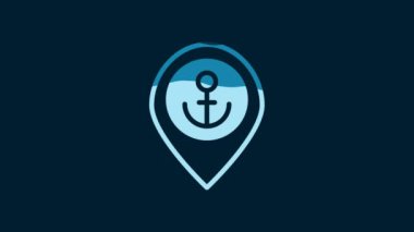 White Map pointer with anchor icon isolated on blue background. 4K Video motion graphic animation.