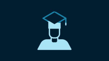 White Graduate and graduation cap icon isolated on blue background. 4K Video motion graphic animation.