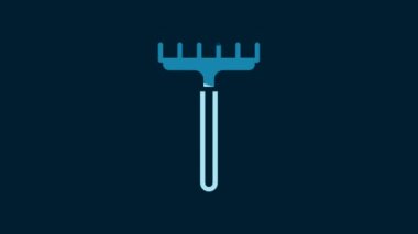White Garden rake icon isolated on blue background. Tool for horticulture, agriculture, farming. Ground cultivator. Housekeeping equipment. 4K Video motion graphic animation.