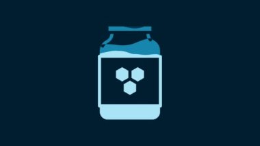 White Jar of honey icon isolated on blue background. Food bank. Sweet natural food symbol. 4K Video motion graphic animation.