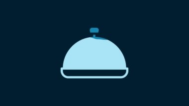 White Covered with a tray of food icon isolated on blue background. Tray and lid sign. Restaurant cloche with lid. 4K Video motion graphic animation.