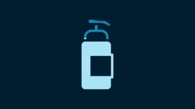 White Bottle of liquid antibacterial soap with dispenser icon isolated on blue background. Antiseptic. Disinfection, hygiene, skin care. 4K Video motion graphic animation.