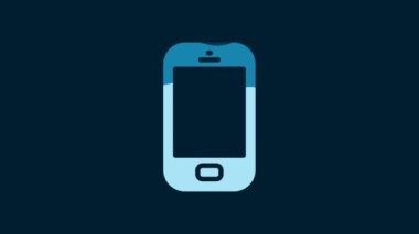 White Smartphone, mobile phone icon isolated on blue background. 4K Video motion graphic animation.