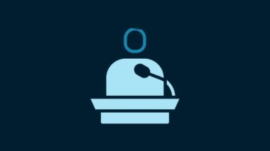 White Gives lecture icon isolated on blue background. Stand near podium. Speak into microphone. The speaker lectures and gestures. 4K Video motion graphic animation.
