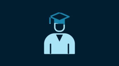 White Graduate and graduation cap icon isolated on blue background. 4K Video motion graphic animation.