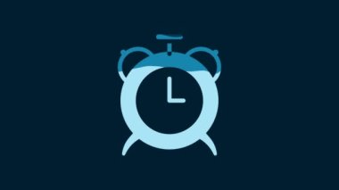 White Alarm clock icon isolated on blue background. Wake up, get up concept. Time sign. 4K Video motion graphic animation.