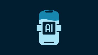 White Artificial intelligence AI icon isolated on blue background. Machine learning, cloud computing, automated support assistance and networks. 4K Video motion graphic animation.